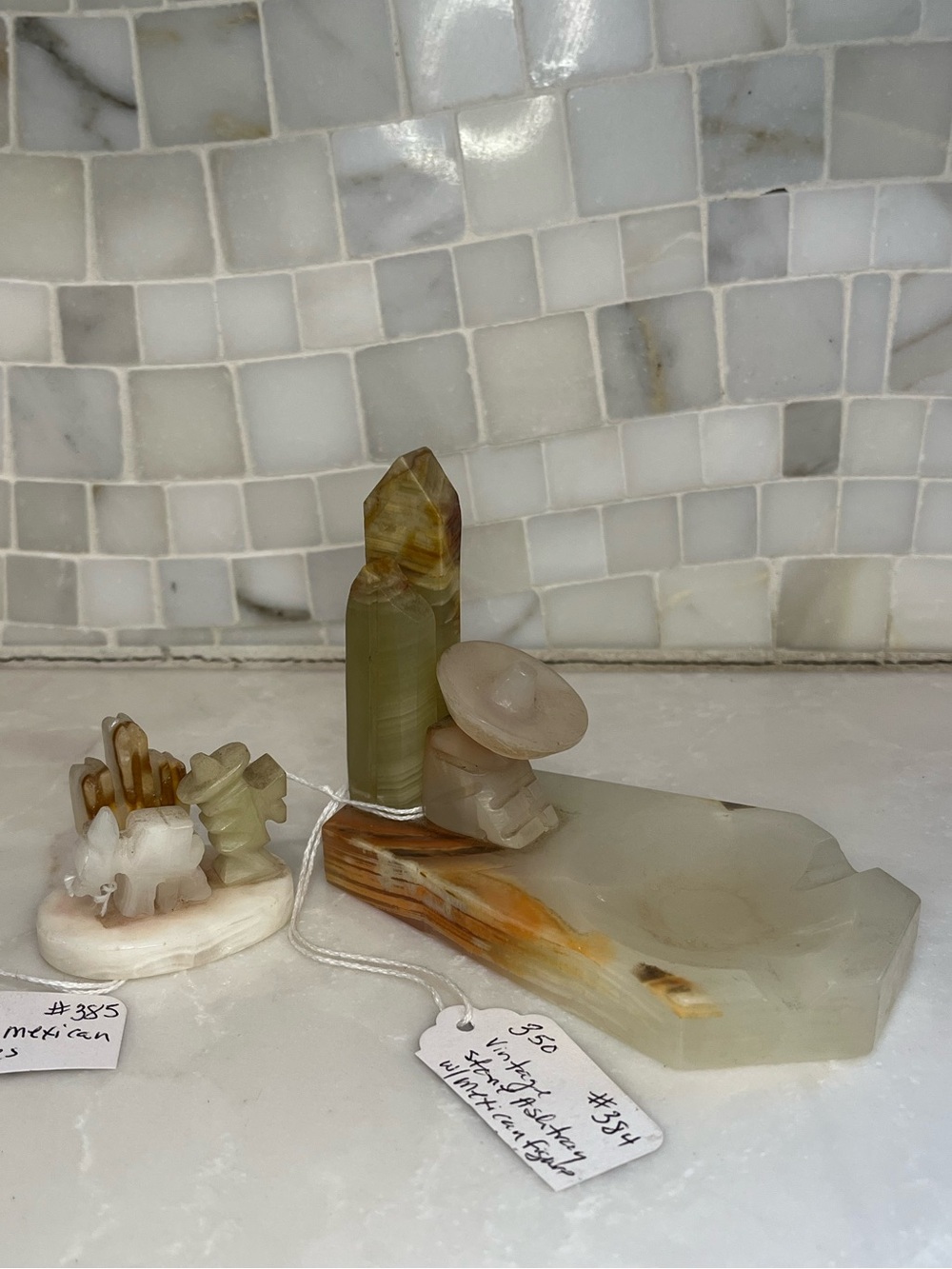 Vintage Mexican Green Onyx Ashtray & Figurine Set Mid Century Siesta Man Burro